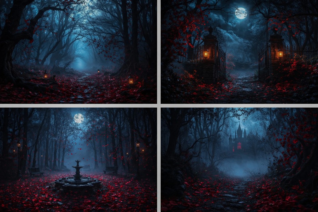 Photography Dark Cloth - Ciemny Las, Blask Księżyca, Czerwone Liście,